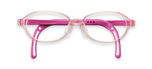 Load image into Gallery viewer, Crystal pink frame front with pink silicone arms and pink ear tips arms folded
