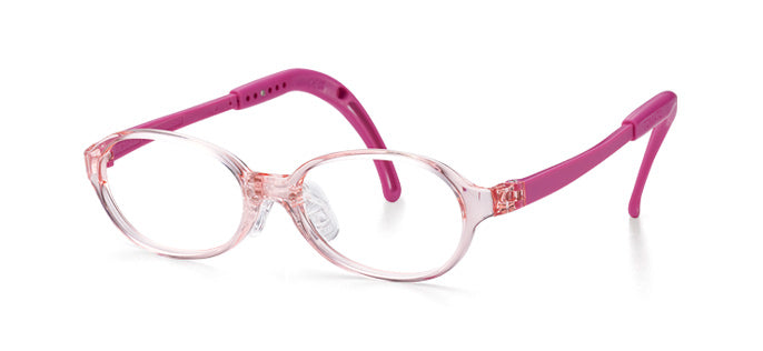 Crystal pink frame front with pink silicone arms and pink ear tips with arms open